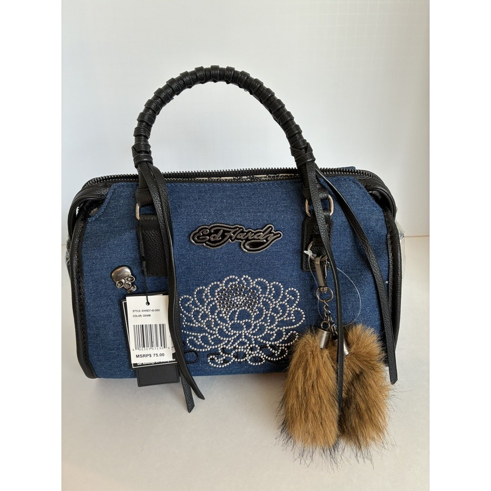 ED HARDY~ Women's Satchel Denim Blue WLleather Strap~Rhinestone Flower~ NWT